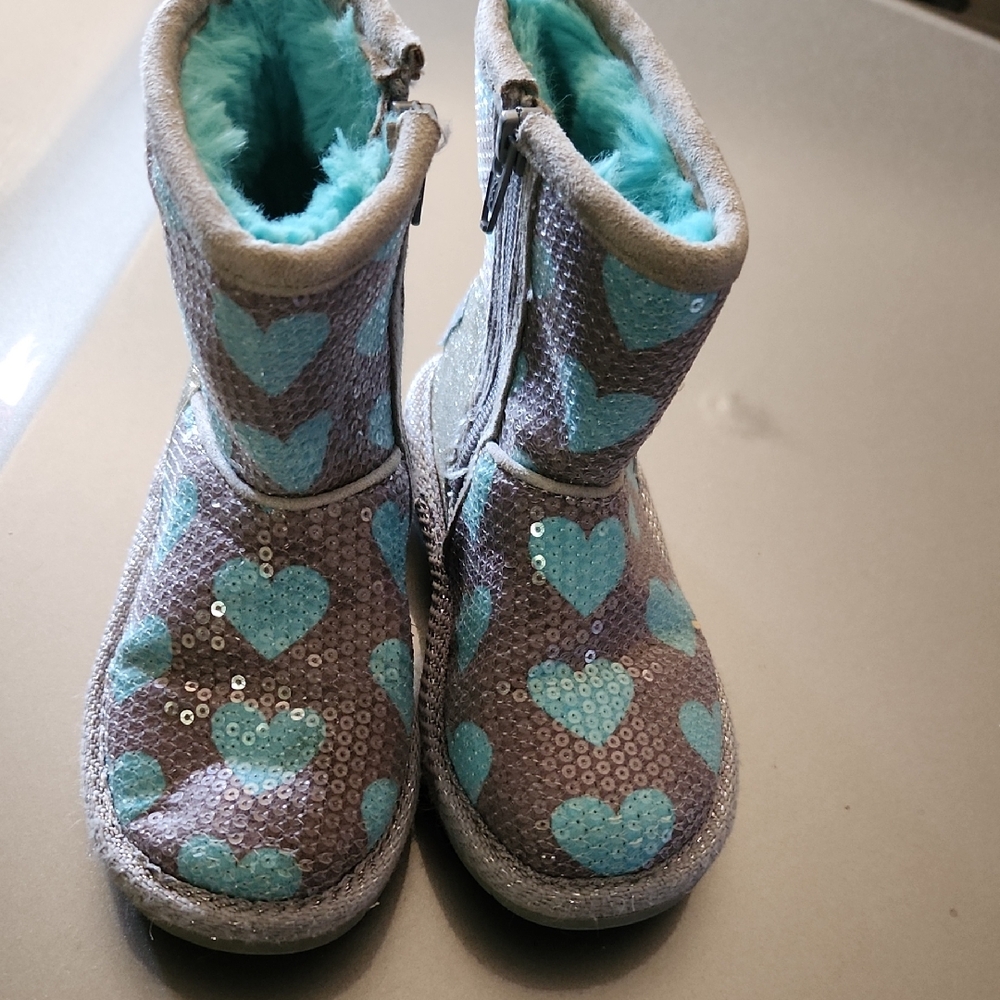 Skechers Girls Silver Sequin Boots with Aqua Hearts
